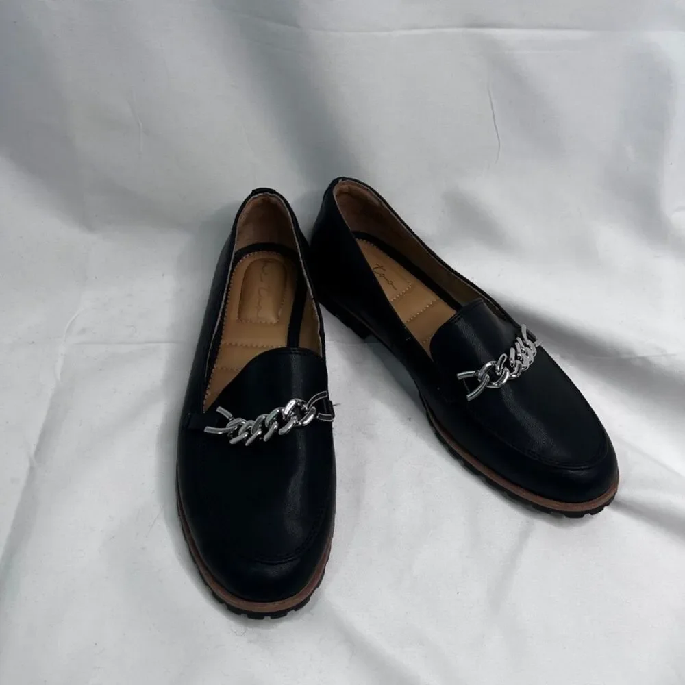 Me Too Colby Black Slip On Flat Loafers Silver Chain Detail Size‎ 7.5M